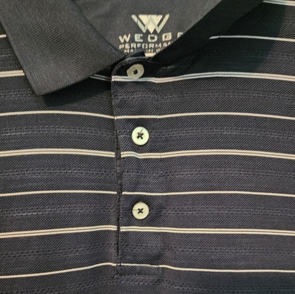 Navy Striped Pique Men's Collared Polo 3 top buttons. Large - Picture 9 of 10